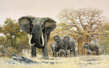 動物 Painting - 象の群れとバオバブの木